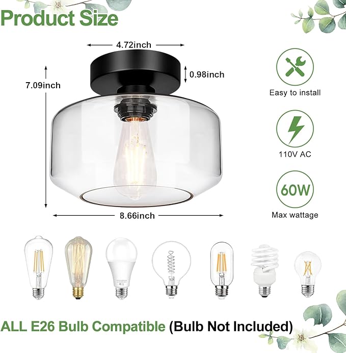 Lynnoland Industrial Semi Flush Mount Ceiling Light Black, Clear Glass Shade Ceiling Light Fixture, Farmhouse Light Fixtures for Hallway Corridor Kitchen Bathroom Bedroom Passway Foyer