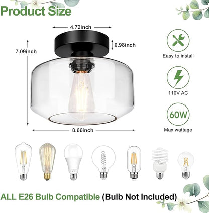 Lynnoland Industrial Semi Flush Mount Ceiling Light Black, Clear Glass Shade Ceiling Light Fixture, Farmhouse Light Fixtures for Hallway Corridor Kitchen Bathroom Bedroom Passway Foyer