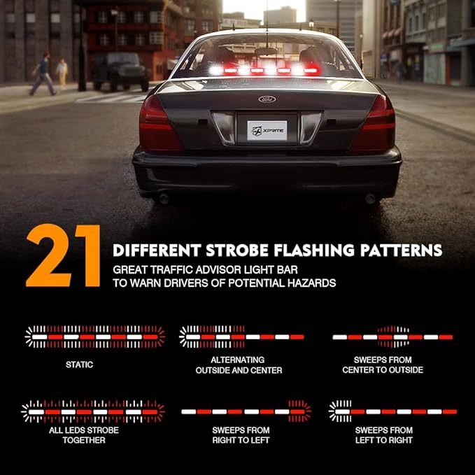 Xprite 35.5" Traffic Advisor Light Bar, Red and White Emergency Lights for Vehicles, 21 Flash Patterns, First Responder Strobe Light with Suction Mount & Cigarette Plug for Emergency Vehicles