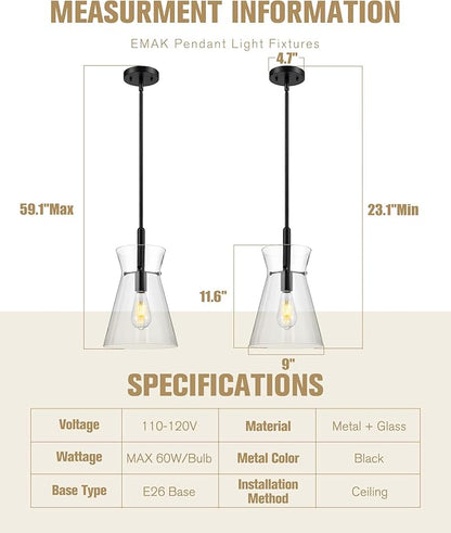 Emak 9 Inch Black Pendant Light, 2 Pack Large Pendant Lights Kitchen Island with Clear Glass Shade, Modern Farmhouse Hanging Light Fixture for Kitchen, Dining Room, Bathroom, PL130-BK-CG-2PK