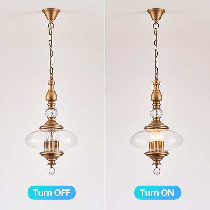 Vintage Kitchen Island Pendant Light Antique Brushed Brass Glass Chandelier for Living Room Dining Room Bedroom, W 11.8 in. H 23.6 in.