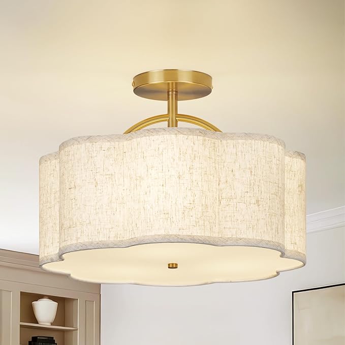 CALOKES Semi Flush Mount Ceiling Light, 16" Modern 3-Light Fixture with Petal-Shaped Beige Linen Shade and Golden Support Arm, Ideal for Bedroom, Kitchen, Living Room, Hallway, and Entryway