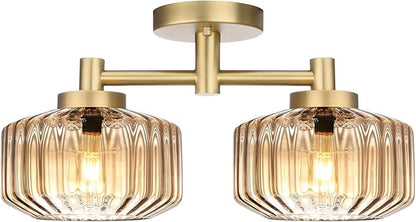 Semi-Flush Mount Ceiling Light Fixture, 2-Light Vintage Chandelier with Amber Glass Shades and Gold Frame, Mid-Century Modern Ceiling Lamp for Kitchen Island, Dining Room, Bedroom