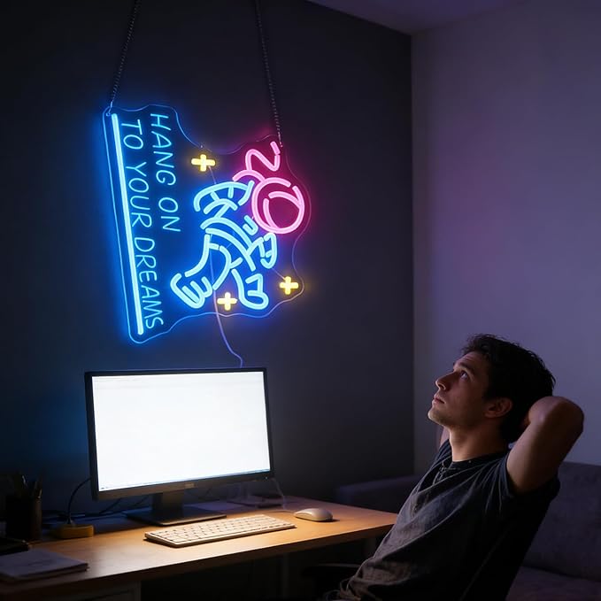 "Hang on to Your Dreams" Tired Astronaut Neon Light - Motivational Space Themed LED Wall Art, Dimmable USB Night Light with Hanging Kit, Inspiring Study Bedroom Decor Gift for Students & Dreamers