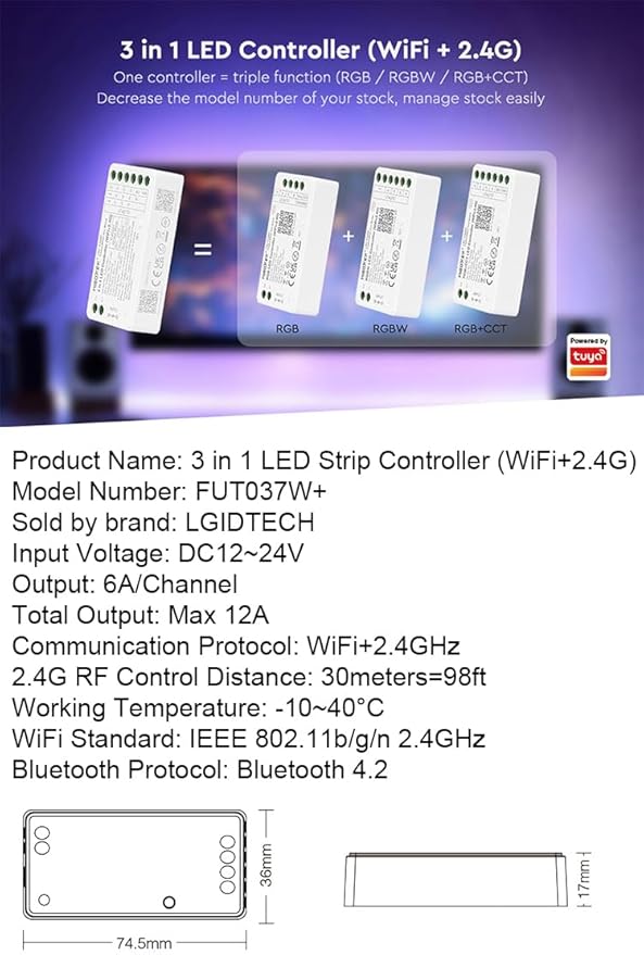 LGIDTECH FUT037W+ Miboxer 3 in 1 LED Strip Light Controller DC12-24V,Smartphone APP Control Directly,Compatible with Amazon Echo Alexa Google Home Voice Control
