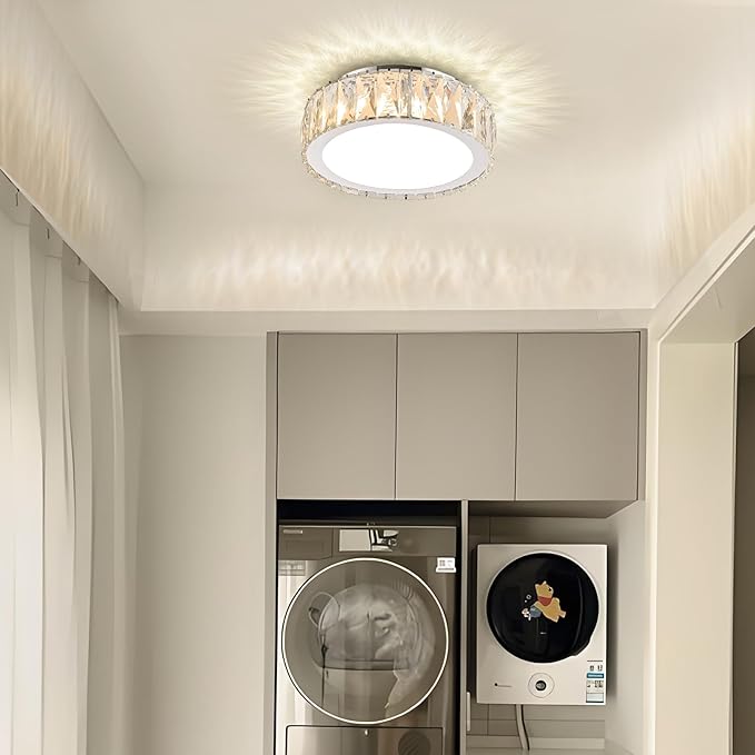 Modern 11 Inch Luxury Crystal Ceiling Light Fixture,Dimmable 3000K-6500K Adjustable LED Lighting Fixtures,Chrome 24W Round Small Chandelier for Kitchen,Bedroom,Laundry Room, Hallway