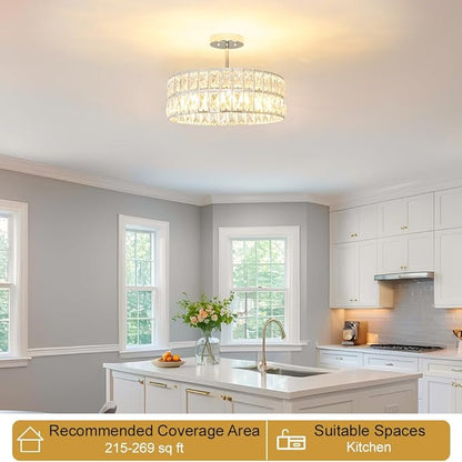 Lxybcce Crystal Ceiling Light Fixture, Modern Chrome Ceiling Light Chandelier, Semi Flush Mount Chandelier Lighting Fixture for Kitchen Entryway Living Room Dining Room, 5-Light, 16 Inch