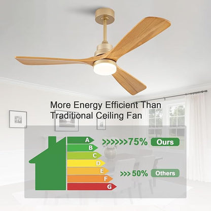52 Inch Boho Ceiling Fans with Lights and Remote, Gold Ceiling Fan with Quite Reversible DC Motor, Dimmable LED Memory Function,Solid Wood Indoor Outdoor Ceiling Fan with Light for Patio Bedroom