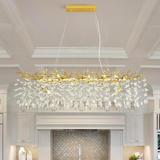 Modern Crystal Tree Branches Chandelier, 47.5in Gold 14 Lights Large Ceiling Hanging Light for Dining Room, Rectangle Raindrop Pendant Light Fixture
