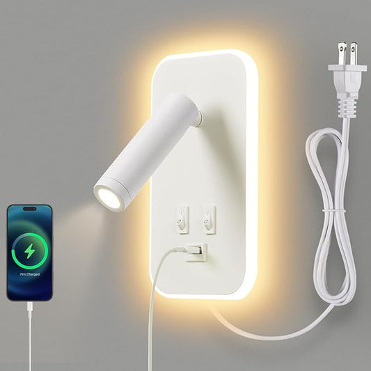 Wall Sconce Plug in with Wall Mounted Reading Lights, Wall Lamp for Bedroom with Charging Station USB Ports,Headboard Bedside Lamps, Plug-in or Hardwired, Eye-Caring Bedroom Lighting, White