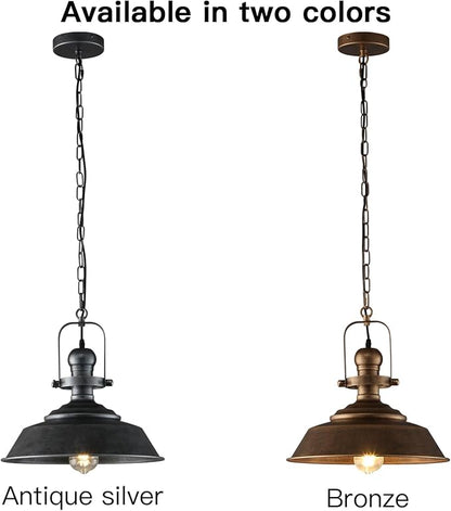 14.2 Inch Silver Black Farmhouse Pendant Light for Kitchen Island, Rustic Industrial Hanging Ceiling Light with Hand-Painted Finish, Modern Bar Lighting for Dining Room & Porch