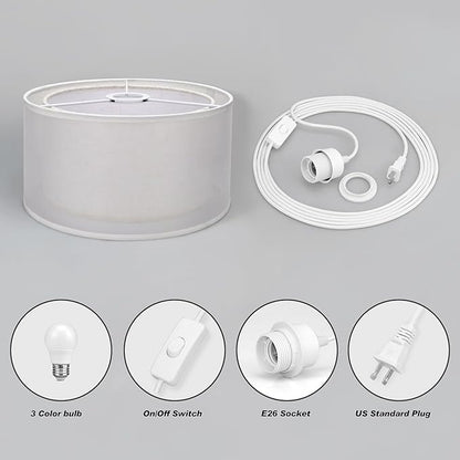 Plug in Pendant Light, 15FT White Cord Hanging Lights with Plug in Cord, Hanging Light with On/Off Switch, Double Linen Shade Fabric Design, Pendant Llight Fixture for Bedroom Restaurant Beige
