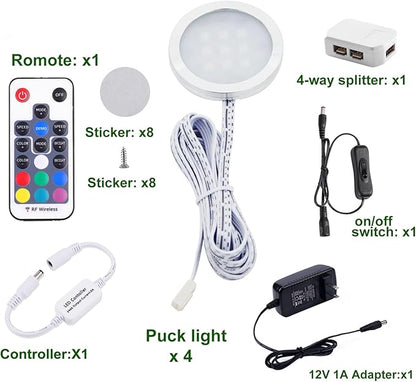 AIBOO RGB Color Changing LED Under Cabinet Lights Kit, Aluminum Slim Multi Color Puck Lights for Kitchen Counter Furniture Holiday Ambiance Christmas Decor Lighting (4 Lights)