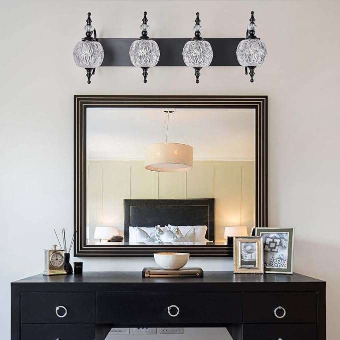 Black 4 Lights Bathroom Vanity Light Fixtures, Modern Bathroom Vanity Lights Painted Black Surface with Thick Crystal Glass Shade, Wall Sconces for Bathroom Bedroom