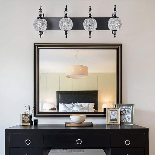 Black 4 Lights Bathroom Vanity Light Fixtures, Modern Bathroom Vanity Lights Painted Black Surface with Thick Crystal Glass Shade, Wall Sconces for Bathroom Bedroom
