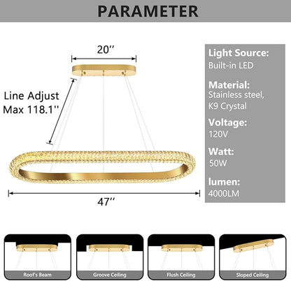 47'' Oval Ring Crystal Chandelier Modern LED Dimmable Ring Pendant Light Chandelier for Dining Room Living Room Gold