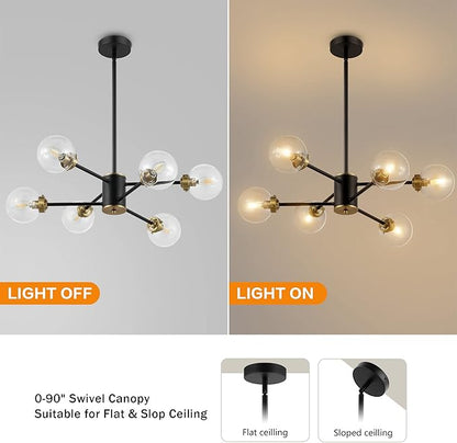 WINGBO 6-Light Sputnik Chandelier, Modern Pendant Light Fixture with 4.7" Clear Glass Globe Shade for Flat and Slop Ceiling, Height Adjustable for Kitchen Living Room Dining Room Bedroom, Black