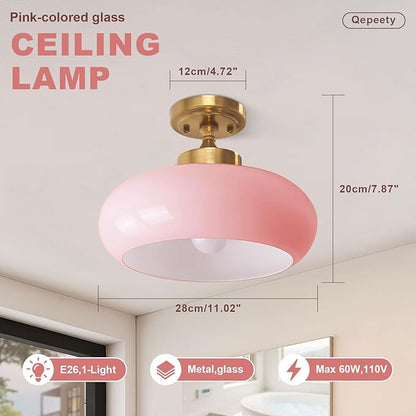 Mid Century Modern Flush Mount Ceiling Light Vintage Pink Close to Ceiling Light Fixtures Overhead Light Gold Glass Chandelier for Kids Room Hallway Living Room Kitchen