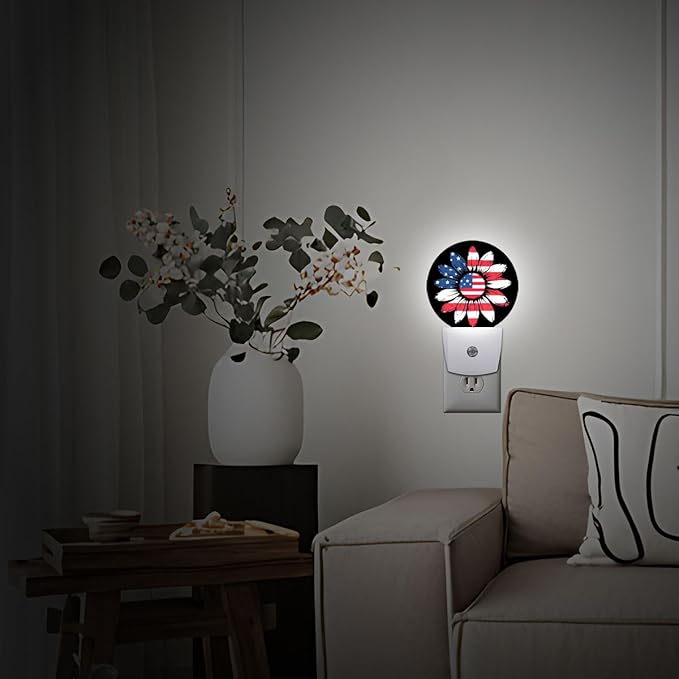 Sunflower USA Flag Plug in Night Light Auto Light Round Lamps Energy Saving Gift for Women Men Friends