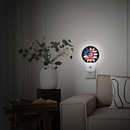 Sunflower USA Flag Plug in Night Light Auto Light Round Lamps Energy Saving Gift for Women Men Friends