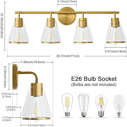Gold Vanity Light 4 Light Bathroom Vanity Light Fixtures Over Mirror with Clear Glass Shade, 30 Inch Lights for Bathroom Modern Wall Sconce Lighting (Exclude E26 Bulb)