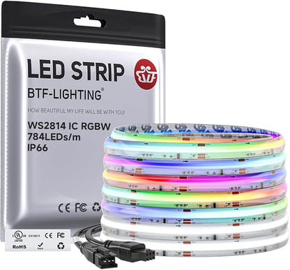 BTF-LIGHTING FCOB COB LED Strip Light IP66, WS2814 Smart IC RGBW 6000K Color Chasing Light, UL Listed DC24V 24FT 784LEDs/m High Density 10mm Width for Home Party DIY Decor(No Adapter or Controller)