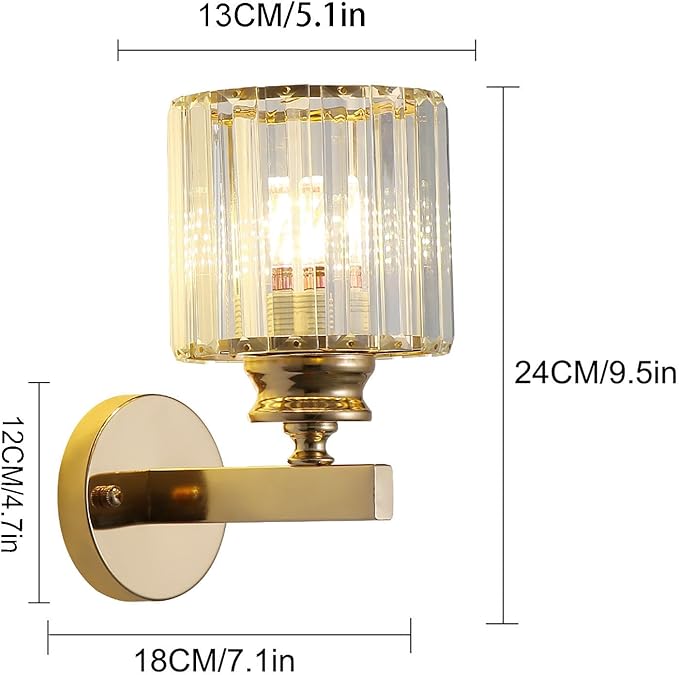 Hardwired Crystal Wall Sconces, Modern E27 Wall Lights, Gold Round Finish Wall Lamp for Living Room Bedroom Dining Room Hallway Entryway (Gold Round)