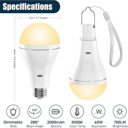 Brightown USB Rechargeable Light Bulb with Remote and Timer, Battery Emergency Light Bulbs for Home Power Outage, Hanging LED Light Bulb with Hook for Outdoor Camping Tent, 700LM, 6000K, 2 Pack