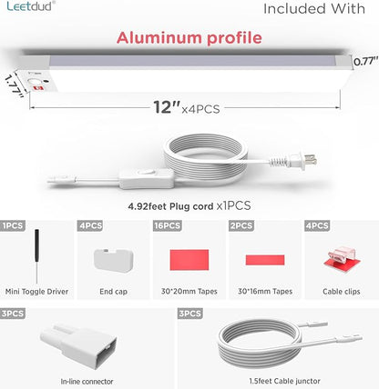 Leetdud Under Cabinet Lighting Plug in 12 Inch, 120V Motion Sensor Lights Indoor, 3CCT 3000/4000/5000K, Aluminum Linkable Super Bright LED Counter Light with Timer for Kitchen, Shelf, Closet, 4 Pack