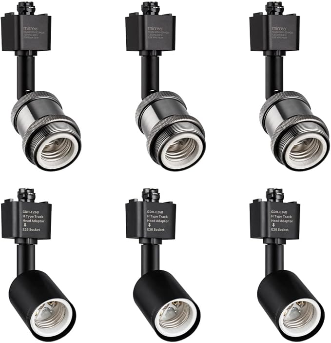 mirrea H Type Track Lighting Head to E26 Medium Screw Base Adapter Light Direction Adjustable Pack of 6 (Black)