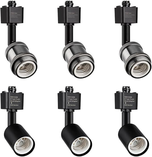 mirrea H Type Track Lighting Head to E26 Medium Screw Base Adapter Light Direction Adjustable Pack of 6 (Black)