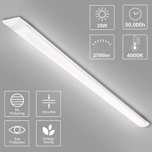 2-Pack 3FT LED Batten, Close to Ceiling Light fixtures, 30W, Ultra-Thin Day Light, 4000K, IP20, LED Ceiling Light for Garage, Stores, Warehouse, Office, Corridor, supermarkets, etc.