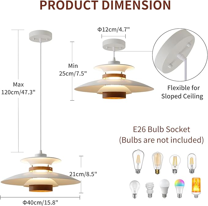 EFINEHOME Modern Decor Adjustable Pendant Lamp Kitchen Island, Aluminum and Wood Finish,1-Light E26 Base Ceiling Hanging Light for Dining Room Shop Restaurant (White+Dark Wood Grain, 40cm)