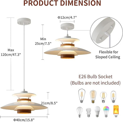 EFINEHOME Modern Decor Adjustable Pendant Lamp Kitchen Island, Aluminum and Wood Finish,1-Light E26 Base Ceiling Hanging Light for Dining Room Shop Restaurant (White+Dark Wood Grain, 40cm)