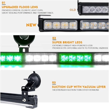 Xprite 35.5" Traffic Advisor Light Bar, LED Emergency Strobe Lights with 21 Flash Patterns, Suction Mount & Cigarette Plug, Strobe Lights for Trucks, SUV, Car - White & Green