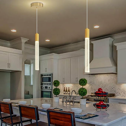 Modern Gold Crystal Column Pendant Light, Dimmable LED Chandelier, Adjustable Hanging Pendant Lighting for Kitchen Island