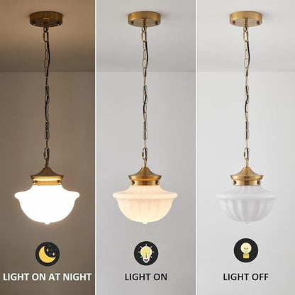 youngrender Schoolhouse Pendant Fixtures, 9" Brass Gold Milk Glass Pendant Light, Adjustable Mid Century Ceiling Pendant Lighting for Bedroom Kitchen Living Room Hallway Dining Room