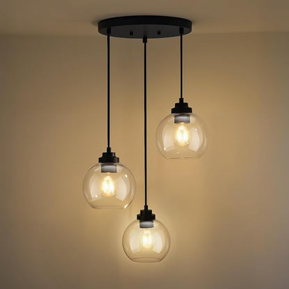 3-Light Black Pendant Light Fixture, Globe Cluster Hanging Light, Kitchen Island Lighting with Clear Glass for Dining Room Living Room Laundry Entrance Foyer, ZCPL101BK-3C