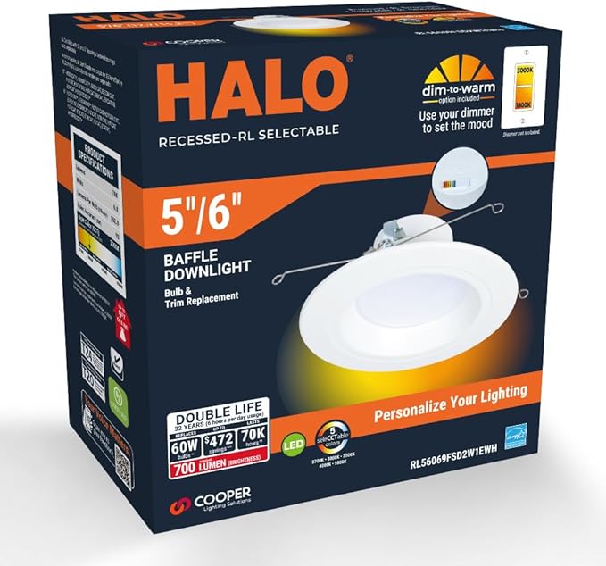 HALO RL 5/6 in LED Recessed Light Trim Selectable Color Temperature 2700K 3000K 3500K 4000K 5000K Dimmable Dim to Warm 600 Lumens Wet Location Indoor Outdoor Retrofit Downlight RL56069FSD2W1EWH