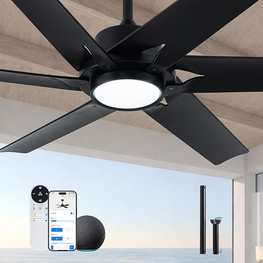 52 Inch Smart Ceiling Fan with LED Lights and WiFi Alexa APP Remote,Modern Black Ceiling Fan with ABS Blades,3CCT,6 Speed,Quiet Reversible DC Motor Indoor Outdoor Fan for Patio,Garage,Bedroom