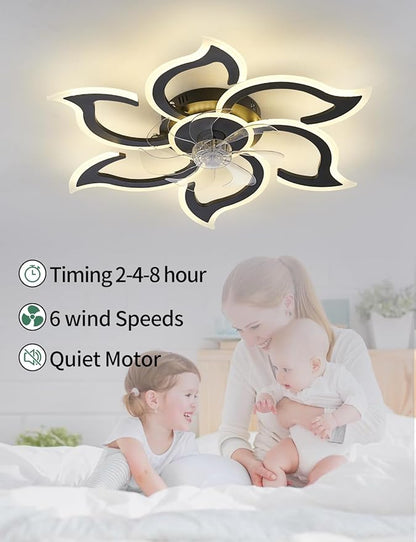 Flower Ceiling Fans with Lights and Remote, 34.5 Inch Modern Low Profile Flush Mount Ceiling Fan, Dimmable LED Ceiling Light Fixture, Small Ceiling Fans for Bedroom, Kitchen, Indoor-Black