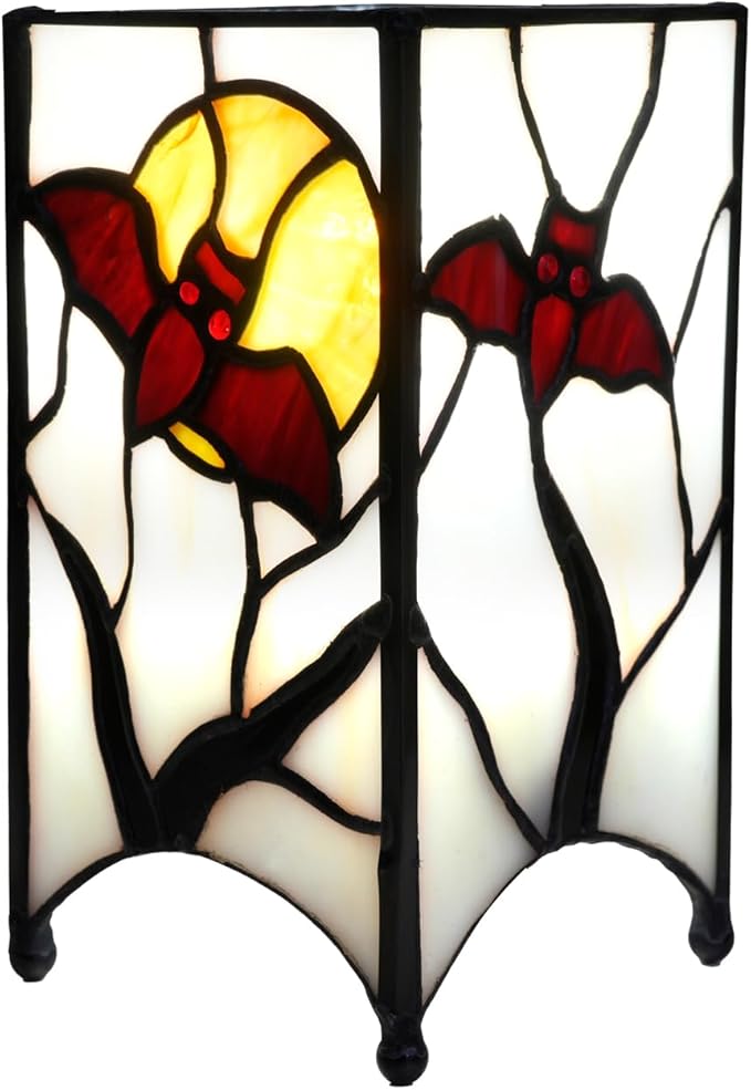 Tiffany Lamp Halloween Red Bat in Moon Small Bedside Lamp Antique Style Stained Glass Desk Light for Home Decor Boys Girls Christmas Halloween Gifts