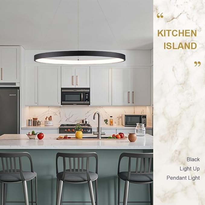 Modern LED Pendant Light Black Ring Chandelier 24" Dimmable Flush Mount Pendant Chandelier for Dinning Room Office Kitchen Living Room,3000-6500K