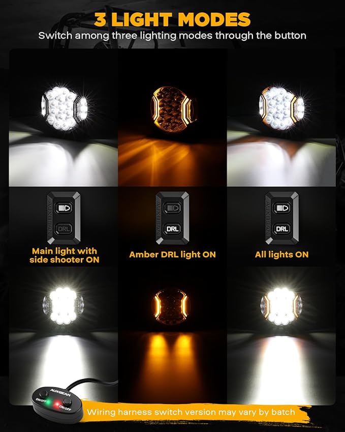 Auxbeam V-Ultra Series 7 Inch Round Off-Road Lights, Amber DRL Light Bar, 270 Degree Side Shooter LED Pods, 226W 26800LM Offroad Driving Lights with Protective Covers, Pair