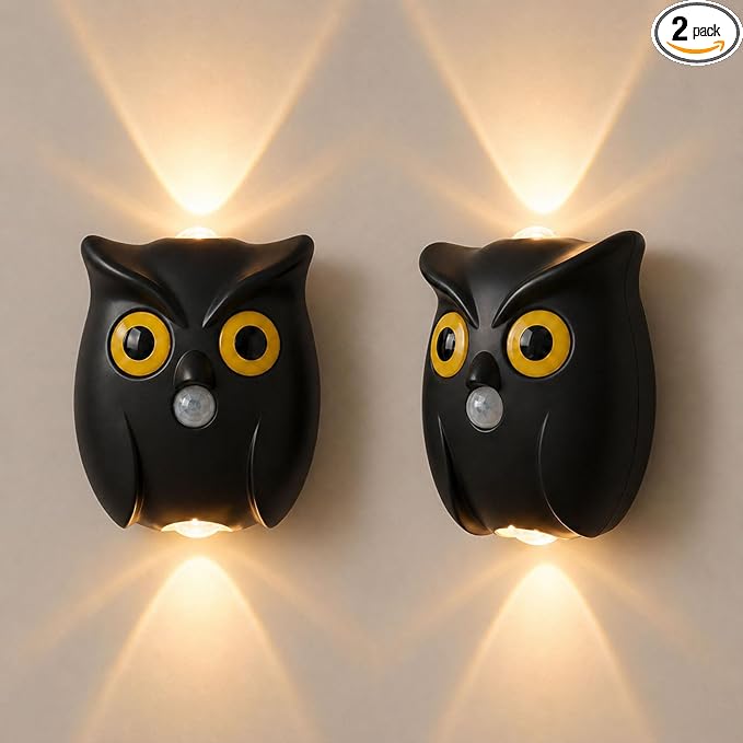 2-Pack Obsidian Owl Wall Lamp, Cute LED Night Light for Bedroom Decor, Warm Ambient Lighting for Kids Room, Nursery & Hallway, Creative Animal Wall Light, Gift for Home Decoration