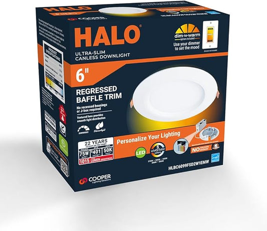 HALO HLBC 6 in Ultra-Slim Canless LED Recessed Downlight with Regressed Lens, Selectable CCT 2700K-5000K, Dim-to-Warm Technology, 900 Lumens, Wet Location Rated - HLBC6099FSD2W1EMW