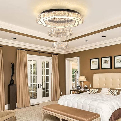 22.5" Crystal Chandeliers Modern Living Room Chandelier LED Crystal Ceiling Light 2 Rings Pendant Light Flush Mount Chandelier for Bedroom Dining Room Entryway Warm