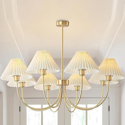 KCO Lighting Brushed Brass Sputnik Chandelier Gold Metal Chandelier with White Pleated Fabric Shades 8-Lights Ceiling Chandelier Light Fixture Mid Century Modern Chandelier