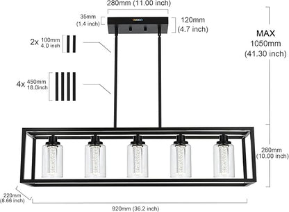 MELUCEE Dining Room Light Fixtures Over Table, 5 Light Black Kitchen Island Lighting LED Pendant Light, Linear Bubble Crystal Chandelier with Clear Glass, Built in LED chips 5-Color Temperature Adjust