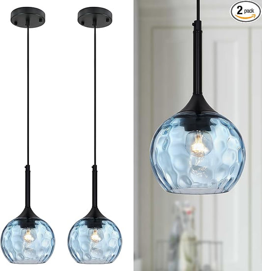 Glass Pendant Lights Kitchen Island: 5.91'' 2-Pack 1-Light Blue Hammered Glass Pendant Light with Black Finish - Modern Minimalist Hanging Light Fixture for Kitchen Sink Dining Room Bedroom